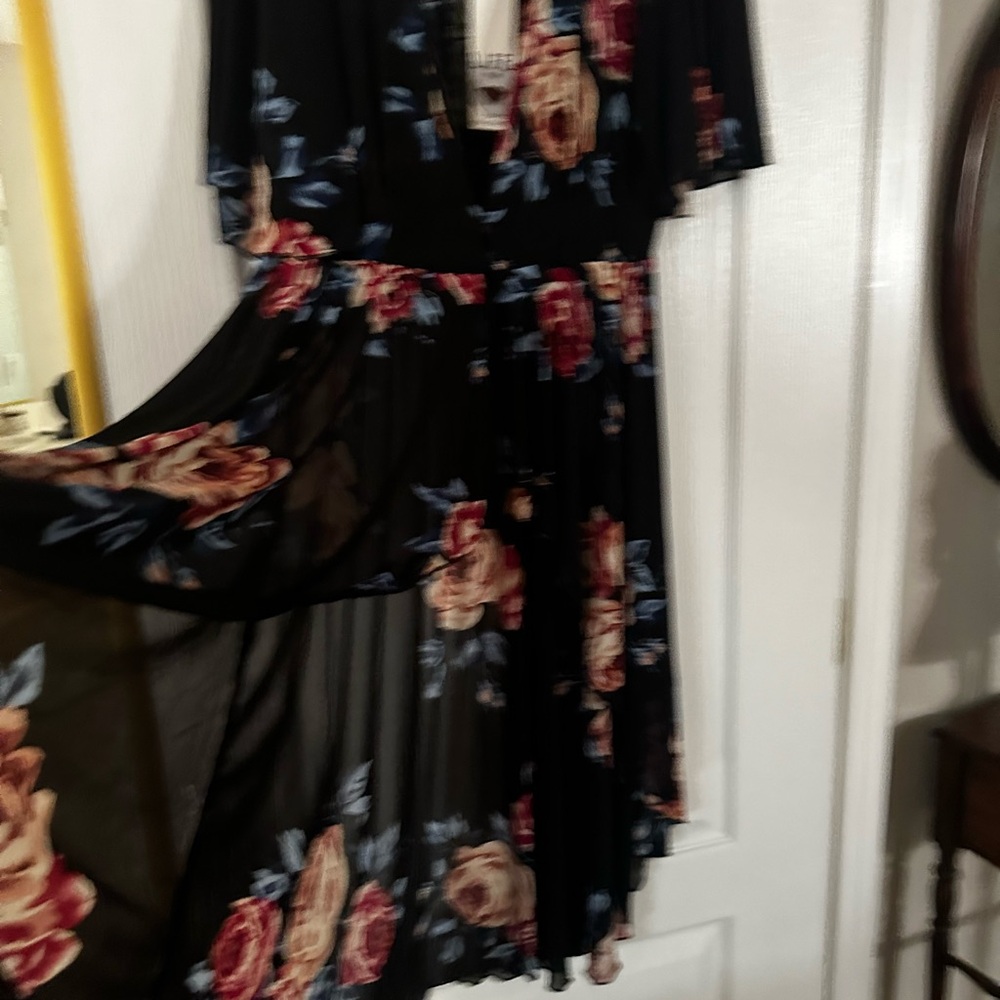NWT long open in front & long in the back.black flowered dress/ high/low size XL